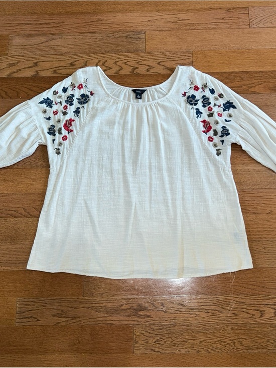intro. Tops - intro Cotton Oatmeal Embroidered Floral Bell Sleeve Blouse Top Sz L Boho Cottage